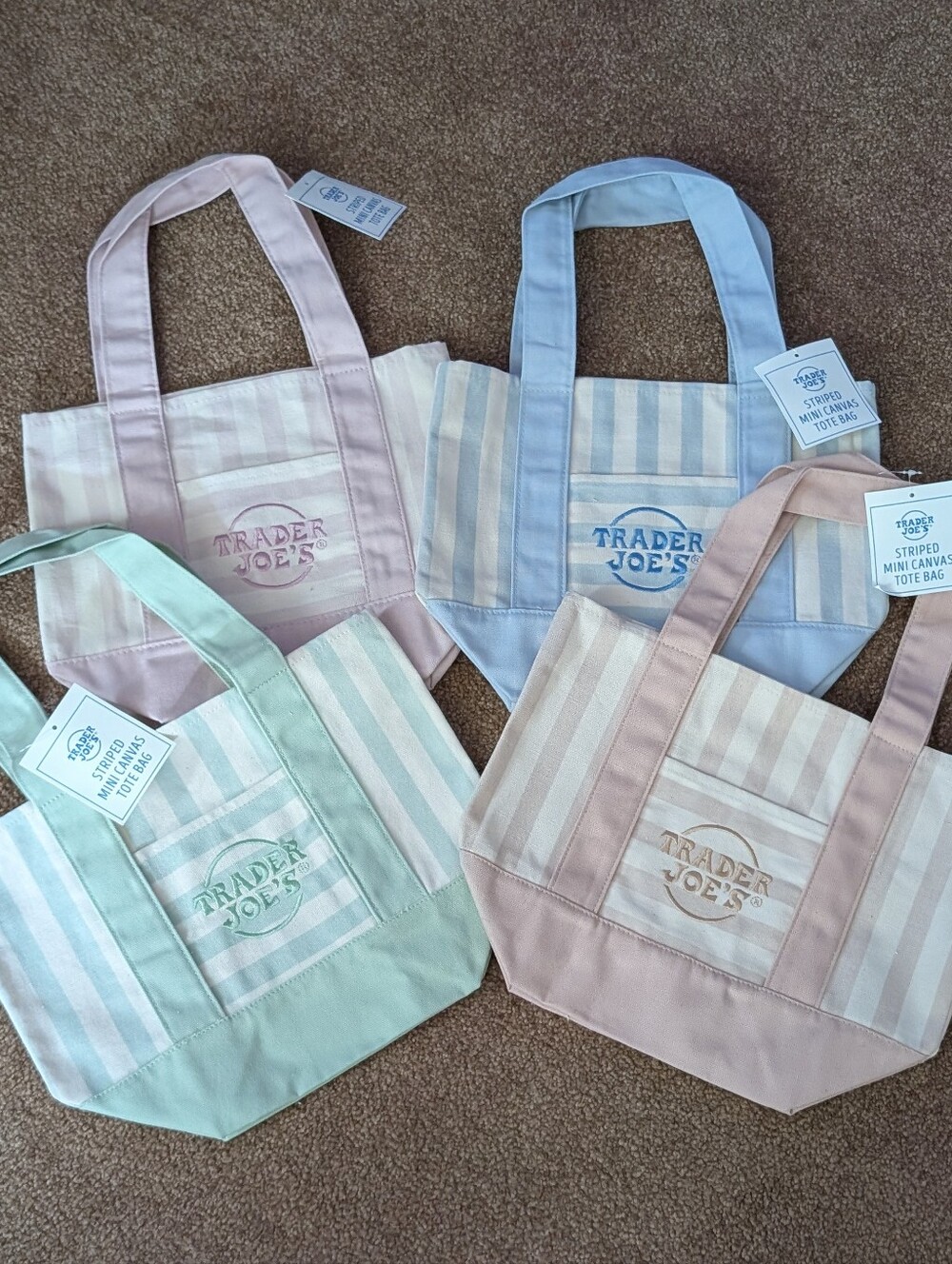 Trader Joe's Pastel Stripe Canvas Tote Bag - Pink, Blue, Green, Beige 4 Pack NWT